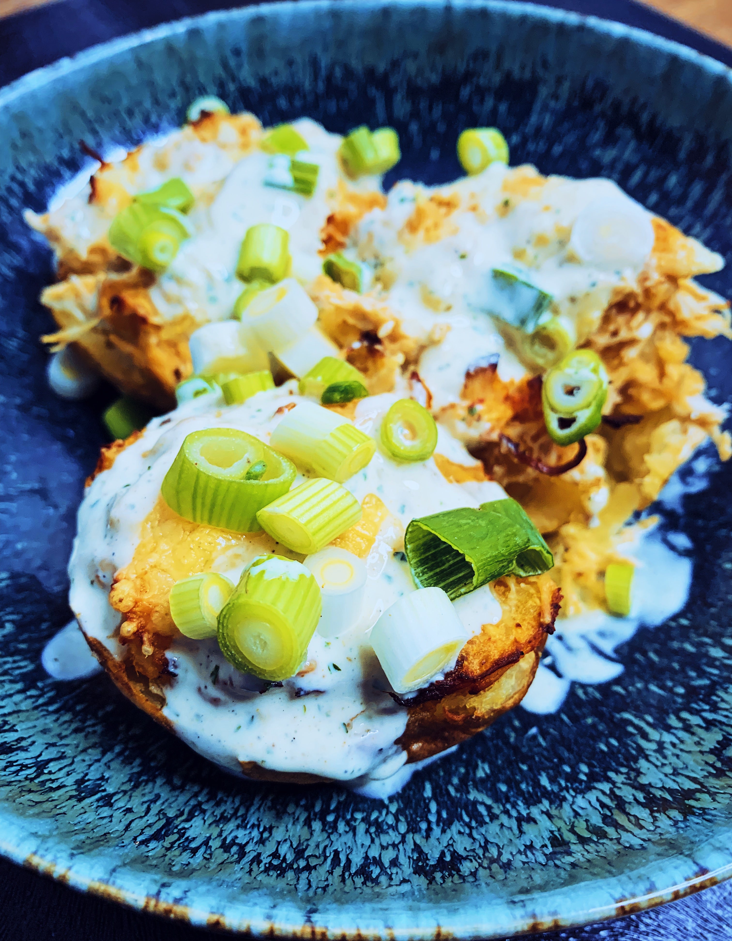 Buffalo Chicken Stuffed Potatoes and Blue Cheese Sauce