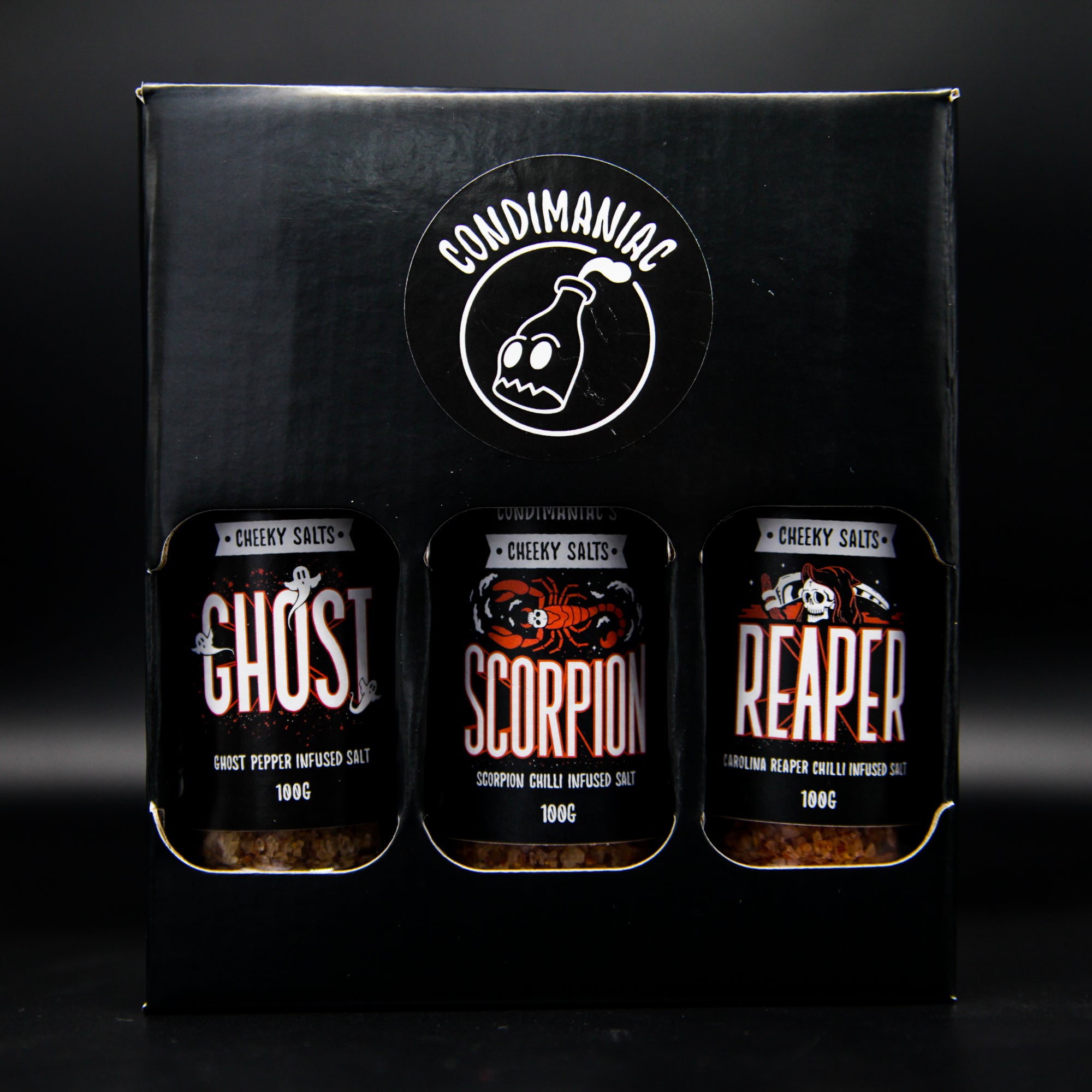 Condimaniac 'Cheeky Salts' Gift Set 3 x 100g (Ghost, Scorpion, Carolina Reaper)